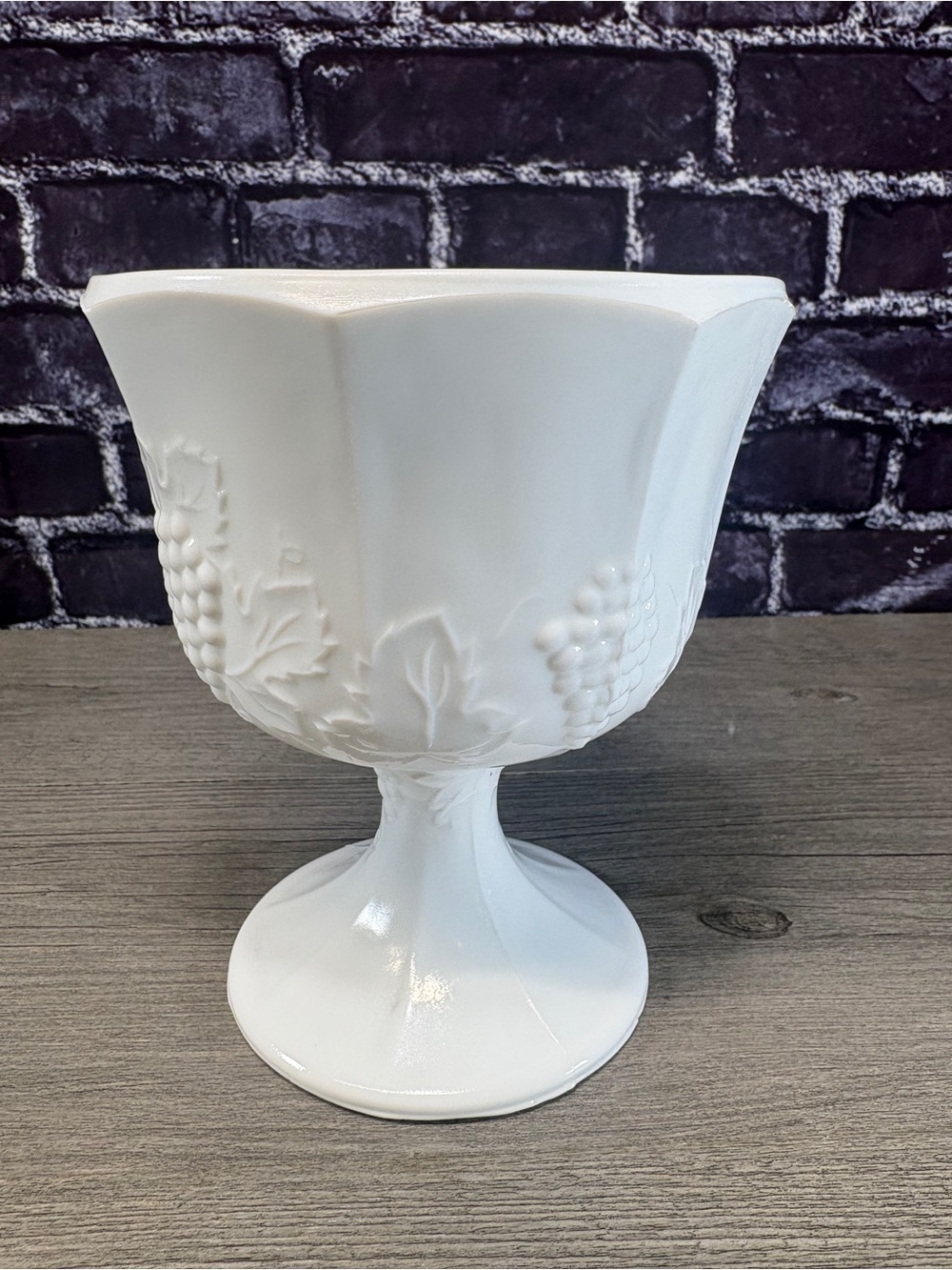 Vintage White Glass Pedestal Compote Bowl with Grape